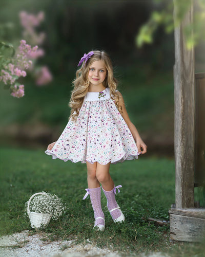JannyBB Violet handmade Embroidered  floral print Dress Set