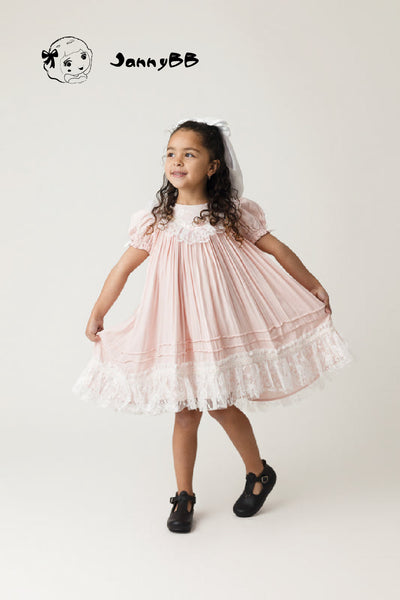 JannyBB Pink V-Neck Lace Heirloom Dress
