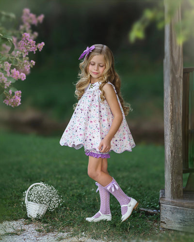 JannyBB Violet handmade Embroidered  floral print Dress Set