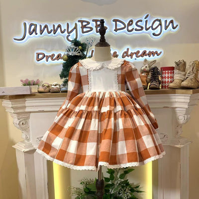 （customized embroidery as customers' request) JannyBB Original Autumn spirit handmade embroidered plaid petticoat dress set