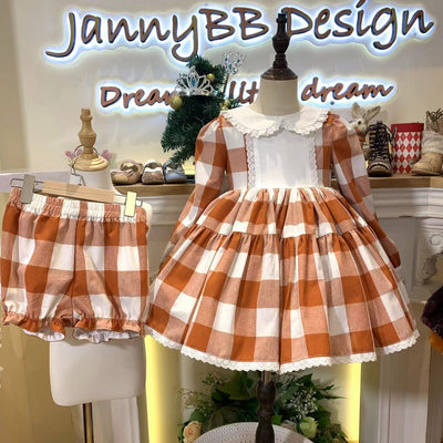 （customized embroidery as customers' request) JannyBB Original Autumn spirit handmade embroidered plaid petticoat dress set