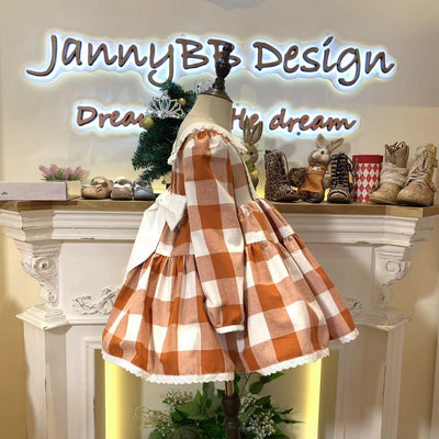 （customized embroidery as customers' request) JannyBB Original Autumn spirit handmade embroidered plaid petticoat dress set