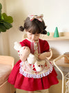 JannyBB  Red Vintage Rose Apron Cotton Linen Dress