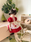 JannyBB  Red Vintage Rose Apron Cotton Linen Dress