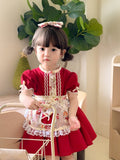 JannyBB  Red Vintage Rose Apron Cotton Linen Dress