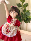 JannyBB  Red Vintage Rose Apron Cotton Linen Dress