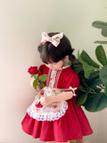 JannyBB  Red Vintage Rose Apron Cotton Linen Dress