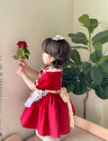 JannyBB  Red Vintage Rose Apron Cotton Linen Dress