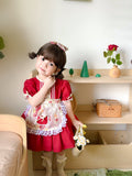 JannyBB  Red Vintage Rose Apron Cotton Linen Dress