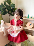 JannyBB  Red Vintage Rose Apron Cotton Linen Dress