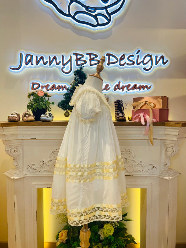 JannyBB Beige Navy Collar Lace Heirloom Dress